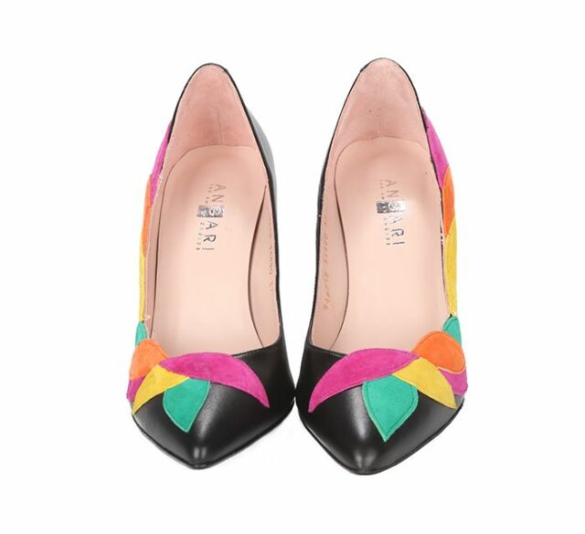 Zapatos Stiletto Piel Negro Hojas Ante Multicolor Angari Shoes.