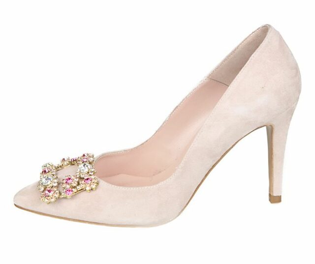 Zapato Fiesta Mujer Stiletto Color Nude Ante Detalle Pedrería Angari Shoes.