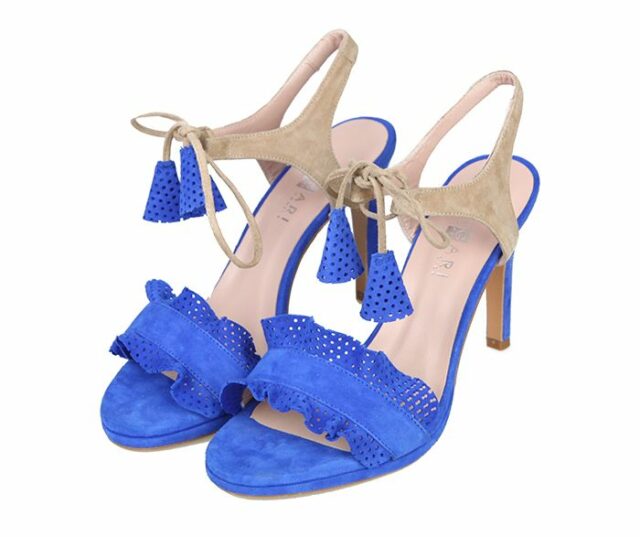 Sandalias Mujer Tacón Fino Ante Azul Beige Angari Shoes.