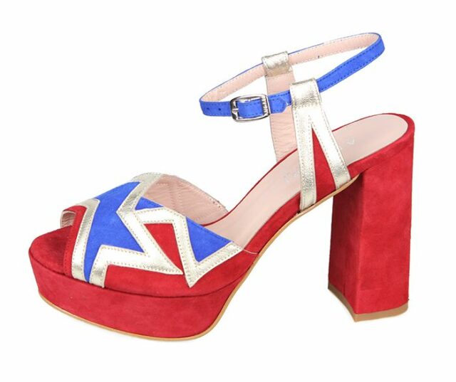 Sandalia Mujer Fiesta Plataforma Ante Rojo Azul Piel Plata Metalizada Angari Shoes.