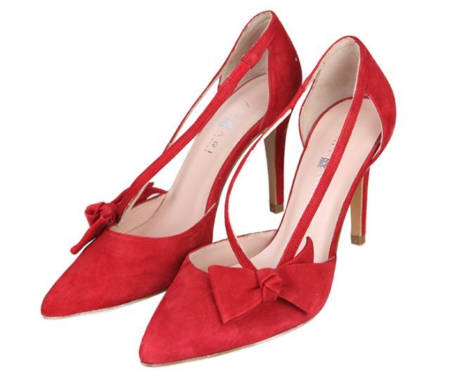 Zapatos Salón Mujer Stilettos Ante Rojo Tacón Fino Detalle Lazo Angari Shoes.