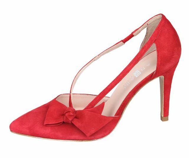 Zapato Mujer Stiletto Rojo Ante Tacón Fino Lazo Aberturas Angari Shoes.