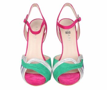 Sandalias Mujer Fiesta Plataforma Ante Fucsia Tricolor Metal Angari Shoes.