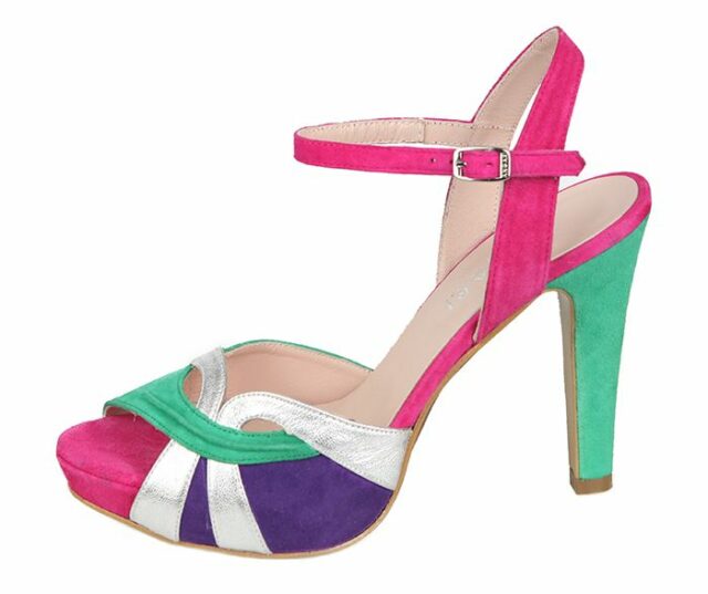 Sandalia Fiesta Plataforma Ante Tricolor Detalle Piel Plata Metalizada Angari Shoes.