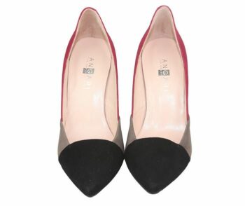 zapatos de fiesta tricolor en negro gris y burdeos